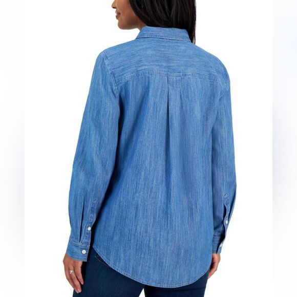 Style & Co. Chambray Boyfriend Shirt Women's Size M Blue Button-Down - Picture 4 of 16